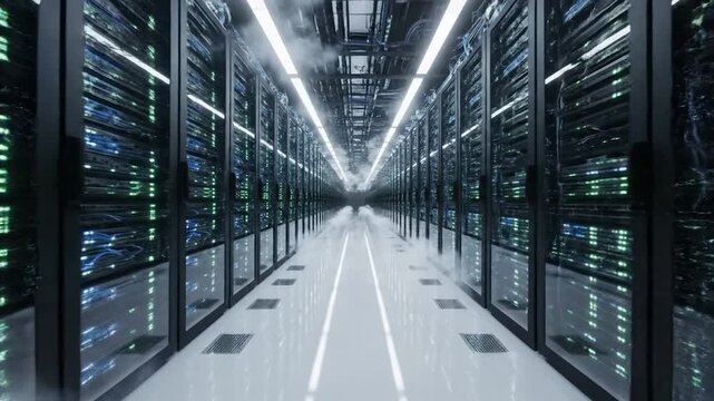 Futuristic data center server room with glowing lights and fog