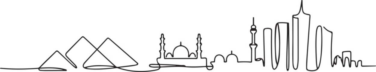 City scape skyline Cairo Egypt pyramids sketch vector art continuous line drawing abstract style. one line Icon drawing