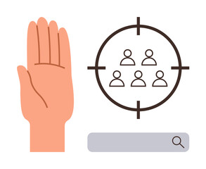 Raised hand gesture beside target with people silhouettes inside and search bar below. Ideal for leadership, recruitment, focus, priority, decision-making, teamwork, strategy. Simple flat metaphor