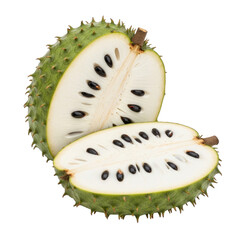 Sliced soursop fruit showing pulp and seeds on a plain color surface on transparent background