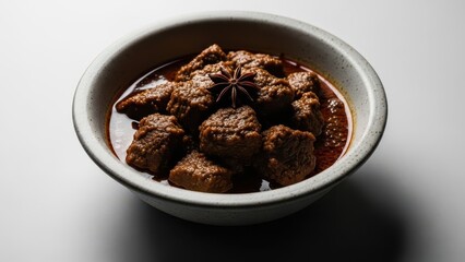 Authentic Indonesian beef rendang, a spicy meat dish slow-cooked in coconut milk and spices in a ceramic bowl