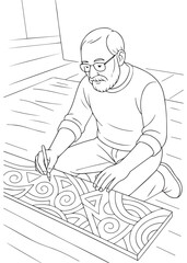 coloring book Father painter drawing decorative art pattern on wooden panel