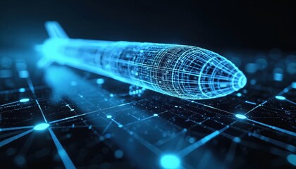 Naklejka premium Blue glowing wireframe missile model represents advanced digital tech design. Futuristic weapon structure shows complex engineering data. Cyber military concept on dark circuit background visualizes