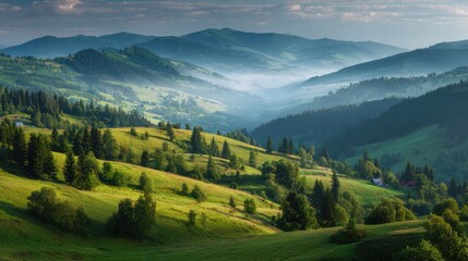 Fototapeta premium Majestic mountain range covered in lush forests with early morning fog creating a serene atmosphere and scenic vista