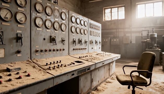 Abandoned control room with old industrial equipment and gauges, power plant machinery abandoned, gauges.