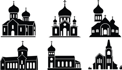 Church silhouette collection with domes and spires, religious architecture styles featuring crosses and onion shapes, Eastern design elements, flat vector © MD
