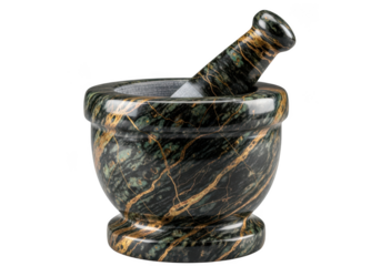 Green marble mortar and pestle set, kitchen grinding tool, herb spice crusher, apothecary bowl, pharmacy utensil, isolated on transparent background