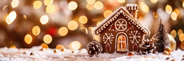 Festive gingerbread house with pine cones and christmas lights for new year celebrations. Horizontal banner. Copy space. Gingerbread house on a blurred winter background. Merry Christmas