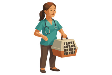 Veterinarian holding cat carrier in low poly style for animal care concepts