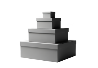 Stack of gray gift boxes, present boxes, cardboard boxes, packaging boxes, storage boxes, stacked boxes, different sizes isolated on transparent background