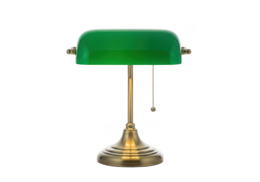 Vintage banker lamp with green shade and brass base, classic desk lamp, library lamp, green lampshade, isolated on transparent background - Powered by Adobe
