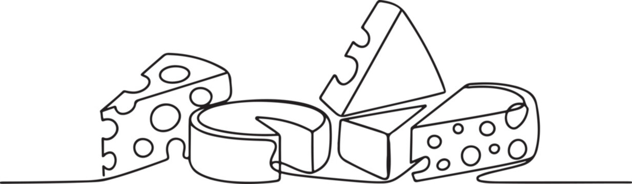 Set of different cheese one line continuous drawing. Cheese products continuous one line illustration. one line Icon drawing