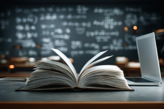 Open book on a desk with laptop and chalkboard background symbolizing knowledge and learning concept for education and studying purposes - Powered by Adobe