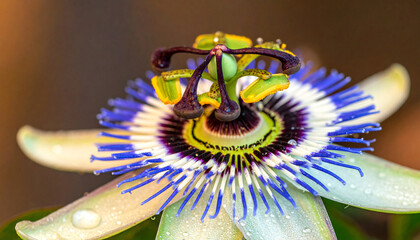 A close-up macro shot of a vibrant blue and white passion flower with intricate details and water droplets on its petals.