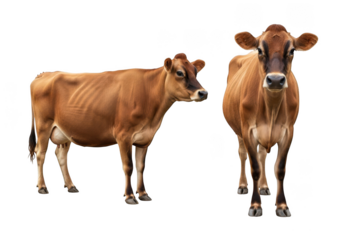 High resolution image of two brown jersey cows standing, farm animal, livestock, dairy cattle, isolated on transparent background