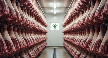 Butcher shop interior showcasing rows of hanging meat cuts, illuminated by bright overhead lights, creating a vibrant atmosphere for grocery shopping and culinary inspiration