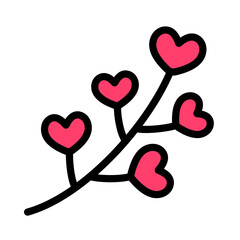 Colored outline icon of a branch with heart-shaped leaves. Perfect for Valentine nature themes, romantic decorations, love symbolism, and elegant visuals.