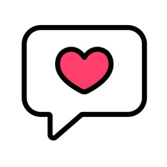 Colored outline icon of a chat bubble with a pink heart inside. Perfect for cute Valentine messages, romantic conversations, social love themes, and communication icons.