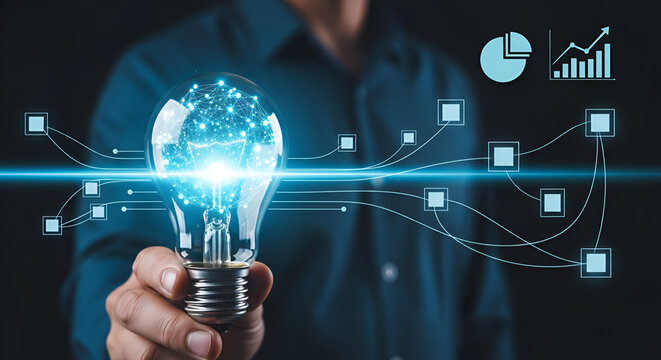 Innovative solution emerging as a bright idea sparking business growth, visualize your success with cutting edge technology and modern data analytics
