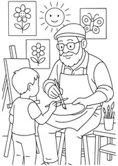 coloring book Father painter teaching a child to paint a picture