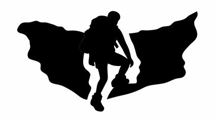 Silhouette of a hiker with backpack climbing a rocky mountain landscape in black and white style art mjunaid