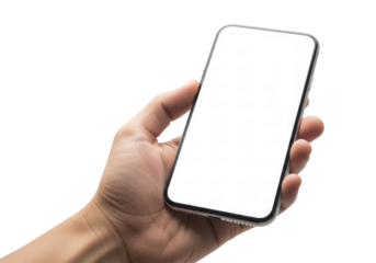 Hand holding mobile phone mockup with blank white screen, modern smartphone device display, cellphone technology, isolated on transparent background