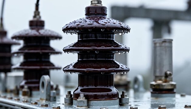 Close up on electrical transformer insulators with water droplets during rainy weather outdoors, insulator.