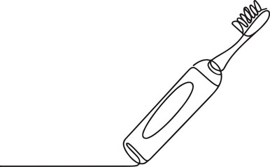 Minimalist one line drawing of an electric toothbrush. Single continuous line art for dental care, personal hygiene, bathroom icon. one line Icon drawing