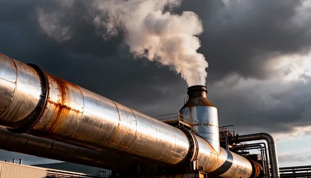 Industrial factory smoke stack emitting plumes of steam against a dramatic stormy sky industrial, pipe.