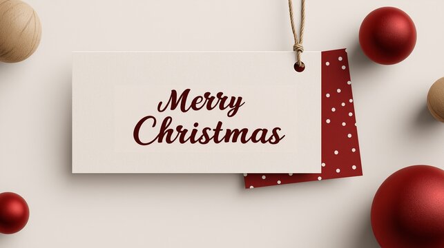 Merry Christmas cursive text on white tag hanging from string mockup, with festive decorations like red polka dots and wooden spheres on minimal light gray background.