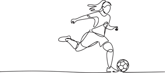 One continuous single drawing line art flat doodle girl, woman, football, girl with football kicks ball feint. one line Icon drawing © firoz