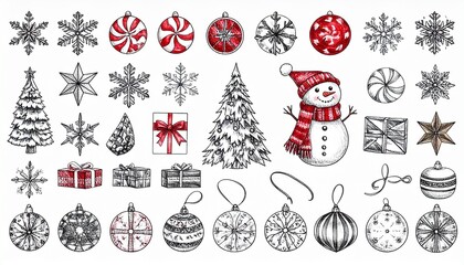 Hand-drawn Christmas icons including snowflakes, stars, trees, gifts, and a snowman in festive vintage style.