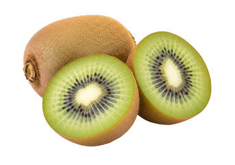 Fresh kiwi fruit slices halves whole vitamin c healthy eating diet food photography close up still life isolated on transparent background