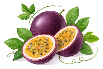 Realistic passionfruit with slices seeds and green leaves vector fresh exotic fruit for healthy nice