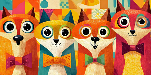 Obraz premium Bow-Tied Foxes in Pop Art Parade, ai generated.