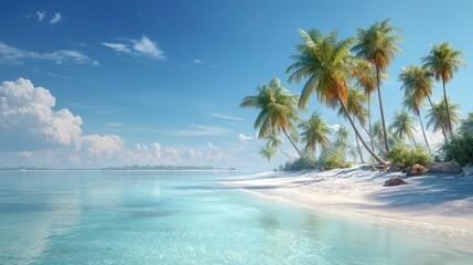 Obraz premium Tropical beach paradise with palm trees turquoise ocean and white sand for summer vacation and exotic travel destinations dreamlike tranquil scenery