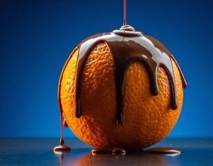 Close-up fresh orange on deep blue background drizzled with glossy liquid chocolate rich contrast studio lighting gourmet juicy texture minimal aesthetic