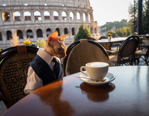 Small Sphynx cat in a cute tiny suit sitting at a caf? table looking curiously at a warm cup in cozy ambience