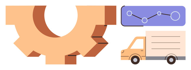 Large gear, analytics line graph, and delivery truck highlight themes of logistics, efficiency, data analysis, and process improvement. Ideal for supply chain, workflow, operations transportation