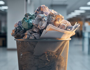 Close-up of trash can filled with crumpled office papers professional studio photography minimal workspace concept realistic detail document disposal