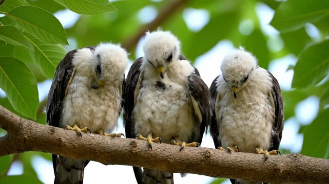 Three young hawks perched on a branch, surrounded by green leaves.