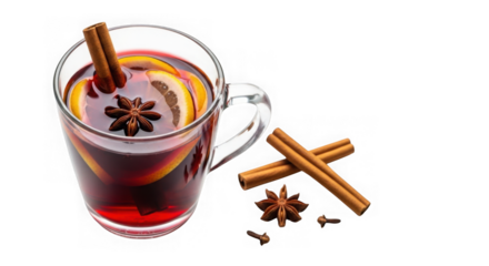 Delicious mulled wine with cinnamon stick, star anise, and lemon slice.