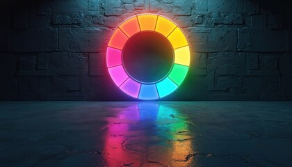 Colorful circular chart glows in dark space. Pie chart has vibrant segments. Segments reflect on concrete floor. Image showcases data visualization, abstract art and financial presentation concepts.