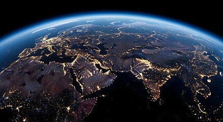 Earth at Night: Illuminated Continents of Europe, Asia, and Africa from Space, Global Energy and Connectivity