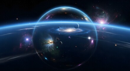 Cosmic Wonder: Futuristic Planet Orbiting Galaxy with Nebula and Stars, Sci-Fi Space Exploration