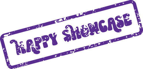 Positive Happy Showcase exhibition event mark in purple distressed stamp style