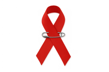 Red ribbon symbol for aids awareness and hiv support, pinned with a safety pin on a transparent background