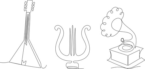 Minimalist one-line illustration featuring a balalaika, harp, and gramophone. Elegant linear design with clean black outlines on a white background, perfect for modern music-themed decor, posters, bra