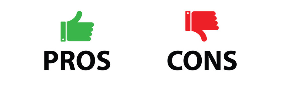 Pros and cons comparison with thumbs up and down icons vector illustration.