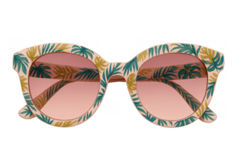 Sunglasses with tropical leaf print frames and pink gradient lenses. Summer fashion eyewear isolated on transparent background